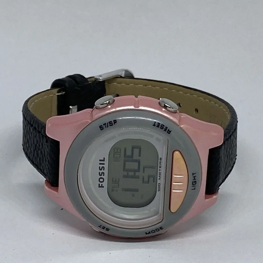 Fossil DQ1166 Women's Black Leather Digital Gray Dial Quartz Genuine Watch LJ311
